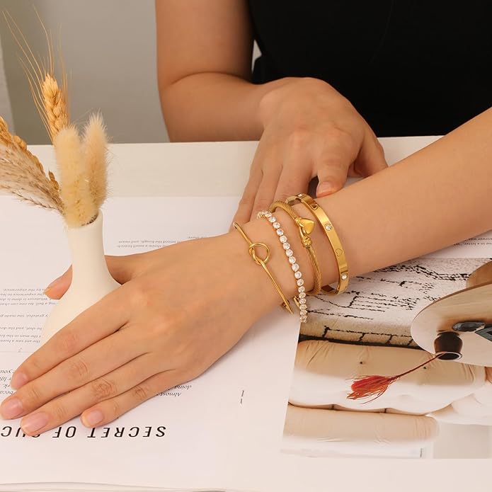 FAFUGA 18 K Gold Plated Love Bangle Bracelet Stack Cuff Jewelry for Women Jewelry Set for Women Gift with Box