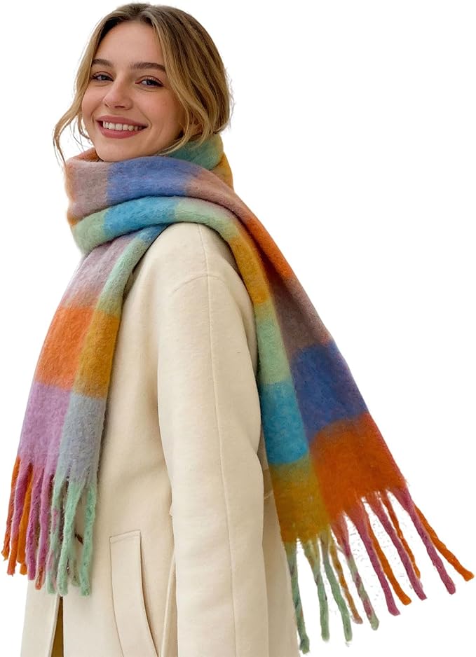 SHOHOKU Large Chunky Plaid Scarf Coloured Checked Oversized Scarf Tassel Soft Fall Winter Thick Warm Shawl Women