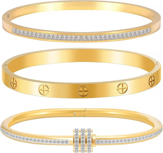 Gold Bracelets for Women - Stackable Bangles with Friendship & Love Theme - Stainless Steel Jewelry Gift for Her