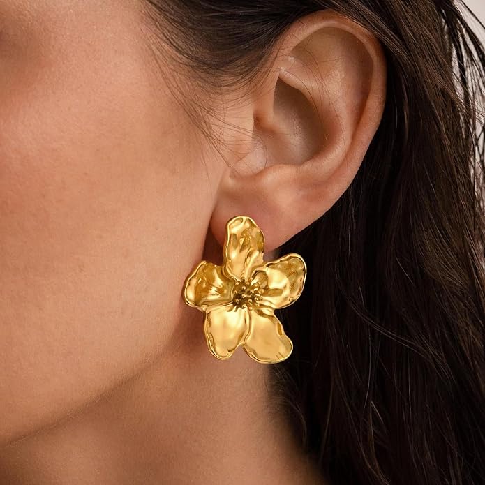 Womens Floral Gold Studs Earrings - 14K Gold Plated Earring,Personality Summer Big Flower Stud,Hypoallergenic Statement Chunky Ear Rings Aretes Trendy Jewelry,Christmas Birthday Prom Gifts for Her