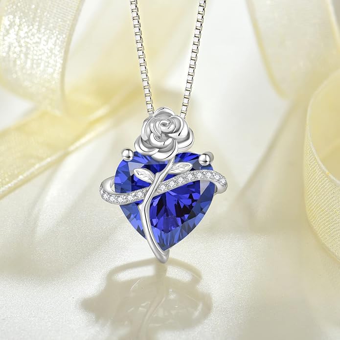 Birthstone Necklace for Women 925 Sterling Silver Love Heart Rose Flower Necklace Dainty Jewelry Gifts for Women Wife Girlfriend Mother Daughter Her