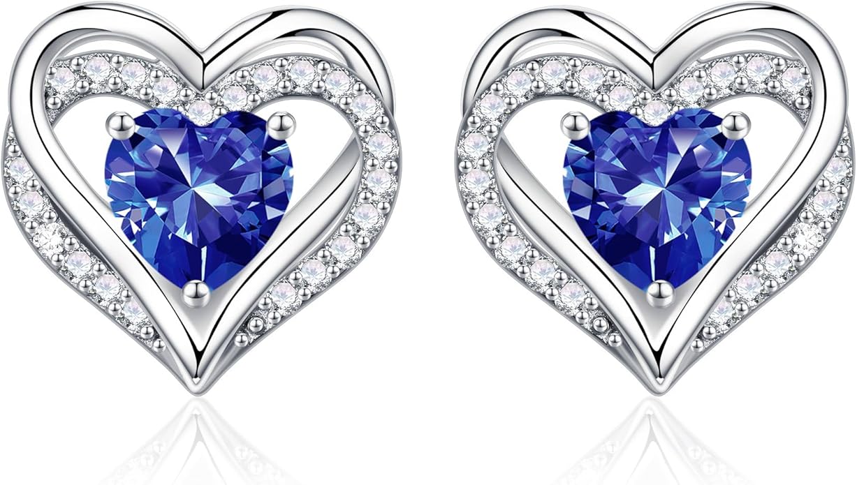 Iefil Birthstone Earrings for Women, 925 Sterling Silver Heart Stud Earrings Birthday Gifts for Women