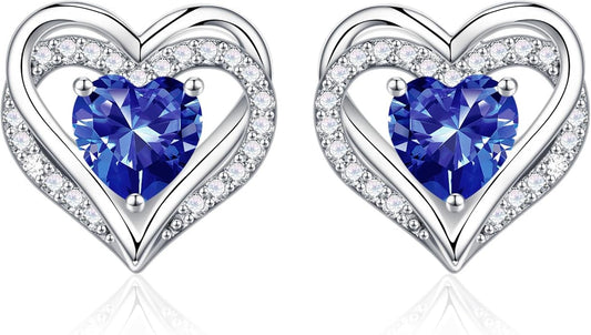 Iefil Birthstone Earrings for Women, 925 Sterling Silver Heart Stud Earrings Birthday Gifts for Women