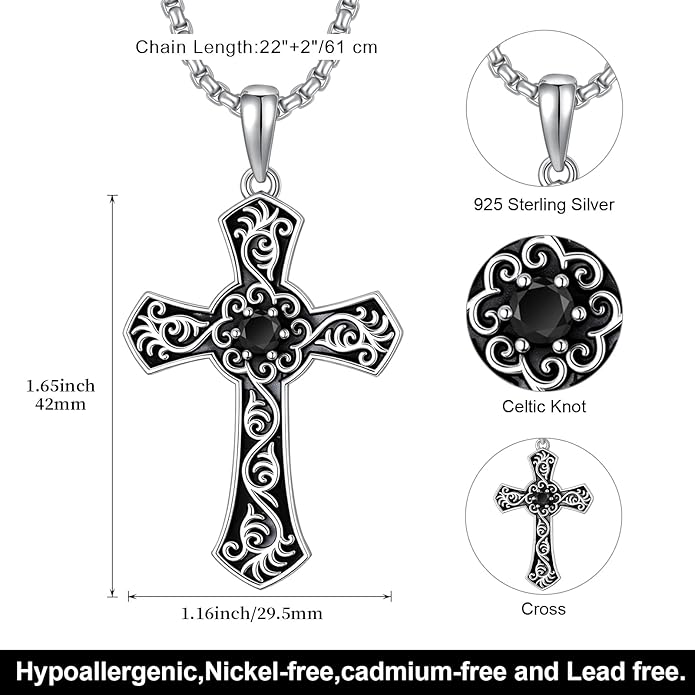 Cross Necklace for Men 925 Sterling Silver Celtic Cross Pendant Christian Jewelry Religious Christmas Gifts for Women