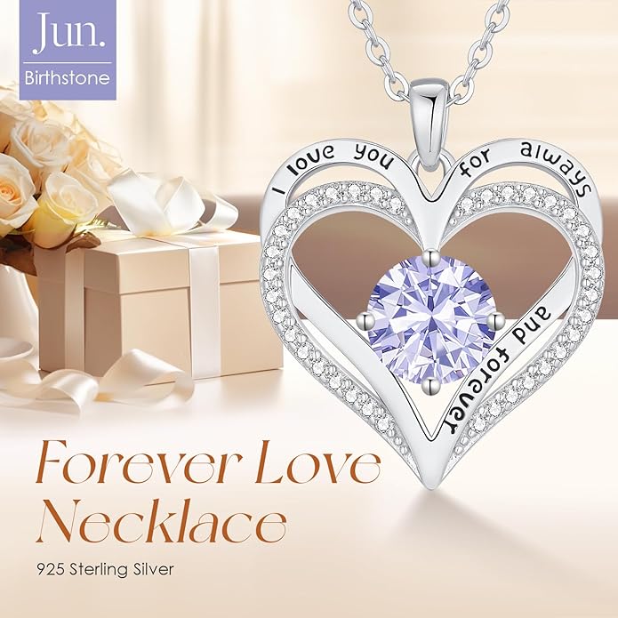 LOUISA SECRET Love Heart Birthstone Necklaces for Women, Birthday Gift for Girlfriend, Anniversary Jewelry Gift for Wife Her, 925 Sterling Silver Women Pendant Necklace, Mother's Day Christams Gift