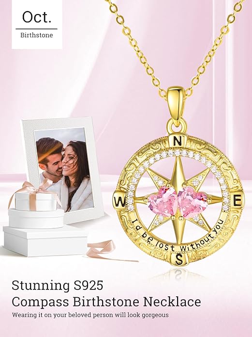 Zeuslia Double Birthstone Necklace Gifts for Wife - 925 Sterling Silver Sunflower/Rose/Crown Cross/Compass/Heart Pendant I Love You Necklace, Anniversary Birthday Gifts for Wife Girlfriend Mom Her