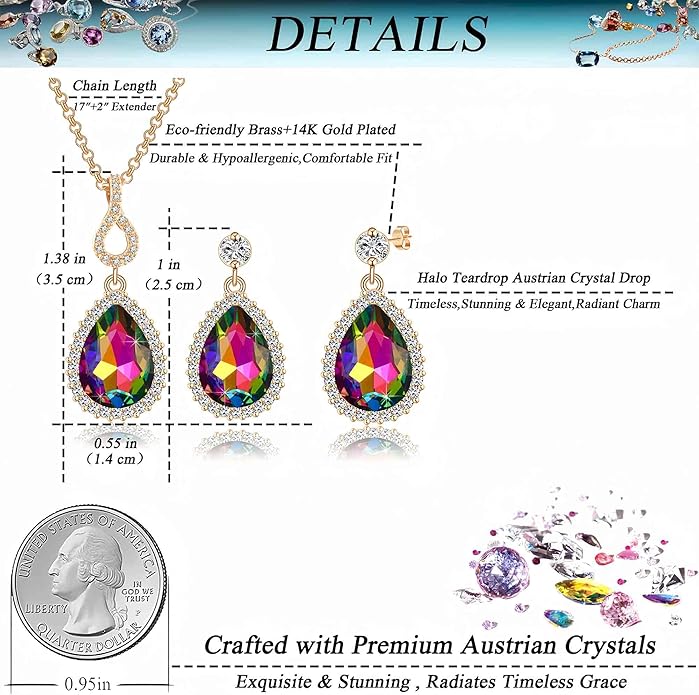 Austrian Crystals Teardrop Pendant Necklace Earrings for Women 14K Gold Plated Hypoallergenic Jewelry Set