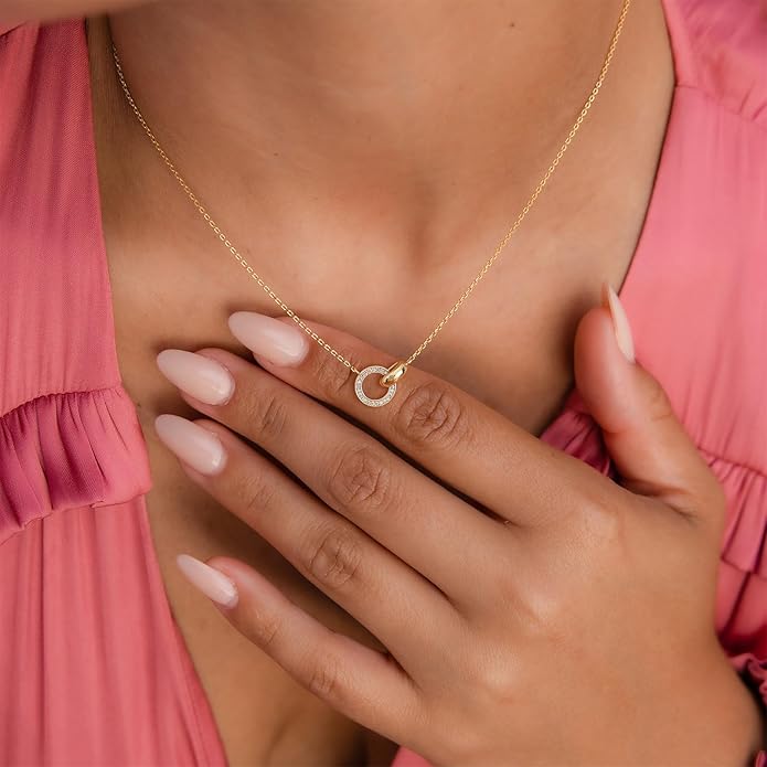 Gold Necklace for Women, Dainty 14K Gold Plated Pendant Necklaces for Women Trendy Simple Choker Chain Cubic Zirconia Circle/Interlocking/Sun Necklace Fashion Jewelry Birthday Christmas Gift