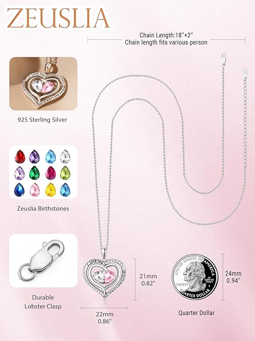 Zeuslia Double Birthstone Necklace Gifts for Wife - 925 Sterling Silver Sunflower/Rose/Crown Cross/Compass/Heart Pendant I Love You Necklace, Anniversary Birthday Gifts for Wife Girlfriend Mom Her