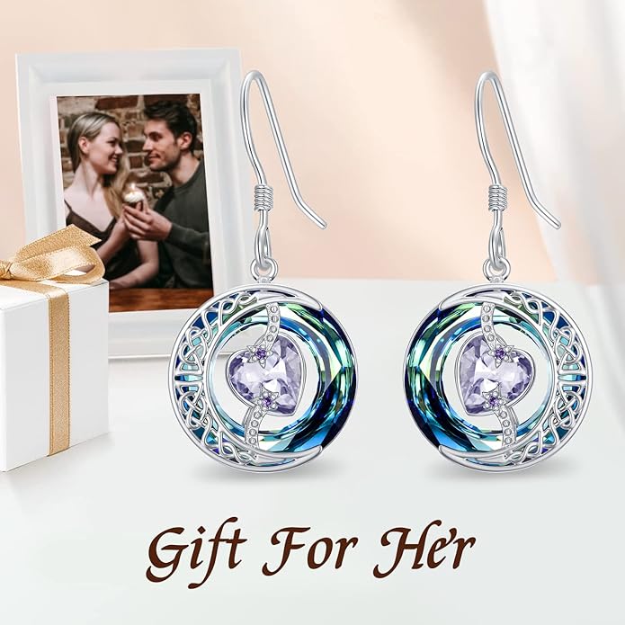 TOUPOP Birthstone Earrings for Women 925 Sterling Silver Moon and Star Dangle Earrings with Blue Crystal BirthdayJewelry Christmas Gifts for Women