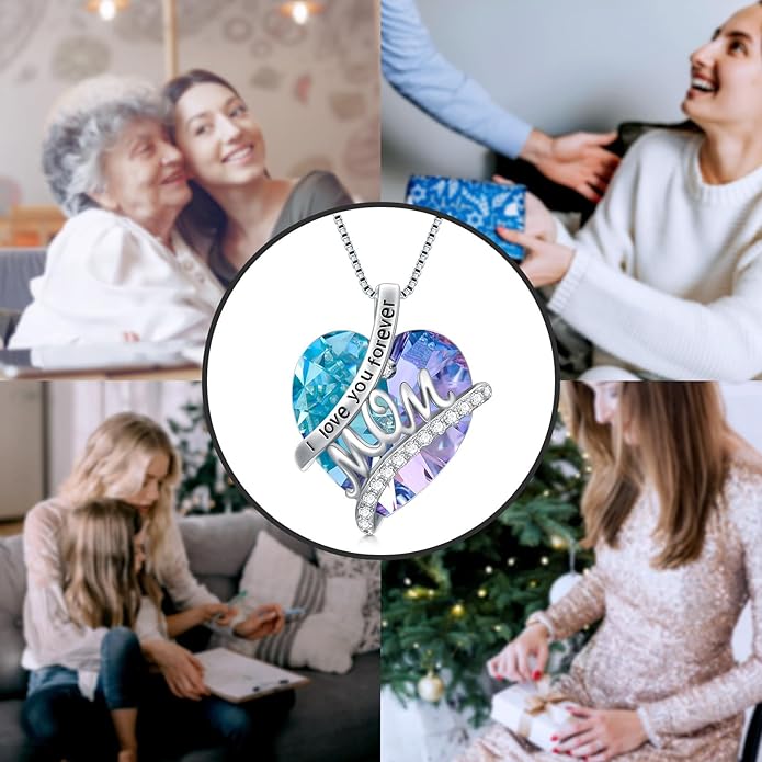 Mothers Day Gifts for Mom s925 Sterling Silver I Love You Forever Love Hear Mon Pendant Necklace with 12 Birthstone Jewelry Birthday Christmas Gifts for Women Grandma Mom Nana From Duaghter Son