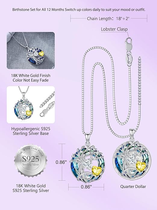 TOUPOP s925 Sterling Silver Family Celtic Tree of Life Pendant Necklaces with 2 Heart Birthstone with Blue Austrian Crystal Jewelry Birthday Anniversary Christmas Gifts for Her Wife Girlfriend Mom (18K Real White Gold Filled)
