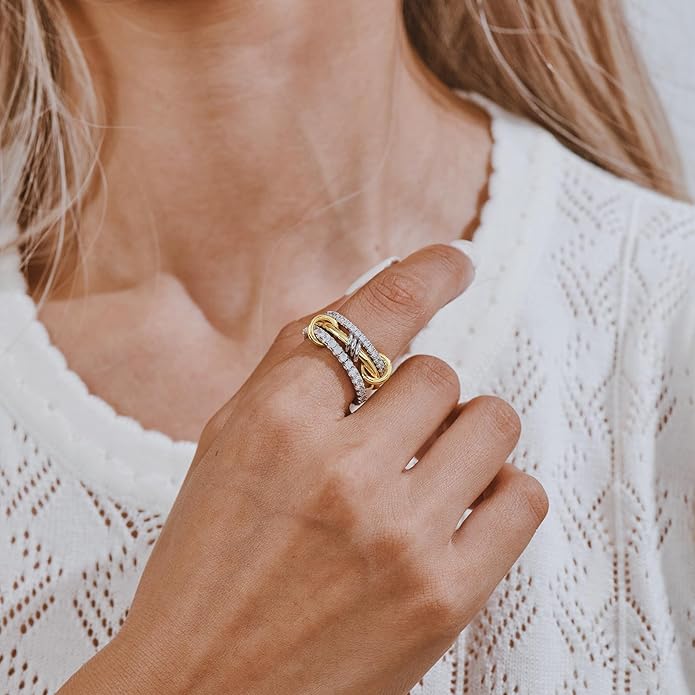 AllenCOCO 14K Gold Plated Stackable Rings, 3 Ring Set with CZ Cubic Zirconia, Gold & Silver Stacked, Multi-Link Connected Interlocking Band for Women Statement Hypoallergenic Upgraded Craft