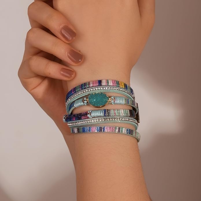 FANCY SHINY Leather Wrap Bracelet Boho Cuff Bangle Bracelets Crystal Bead Bracelet with Magnetic Clasp Jewelry Gifts for Women