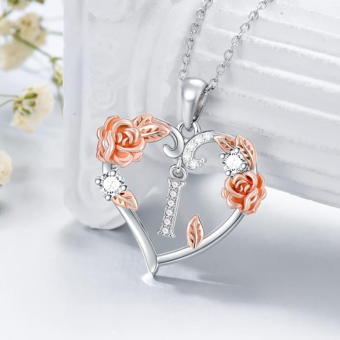 AOBOCO Rose Heart Necklaces Valentines Gifts for Women, 925 Sterling Silver Rose Love Heart Initial Letter Pendant Necklace Jewelry Mothers Day Christmas Birthday Gifts for Her Mom Wife Girlfriend