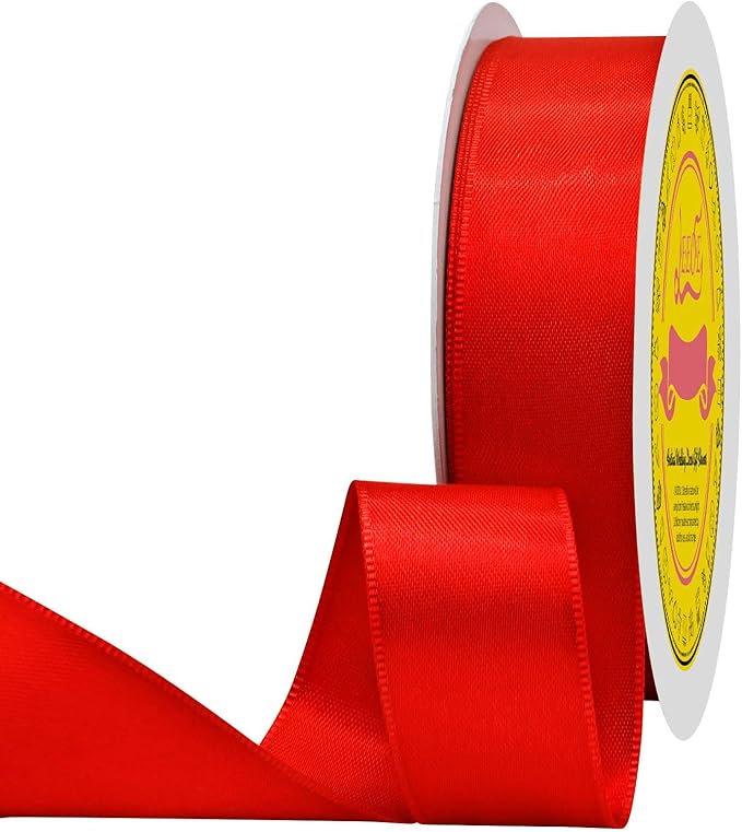 LEEQE Red Double Face Satin Ribbon 1 inch X 50 Yards Spool Bright Colors Very Suitable for Weddings Gift Package Wrapping Dancer Wand Sewing Party Hair Bow Invitation Decorations and More