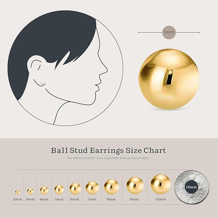 KEZEF Sterling Silver Ball Stud Earrings Hypoallergenic Earrings for Women | Available in Sterling Silver, Rose Gold, or 14K Gold Plated Silver (2mm-10mm)