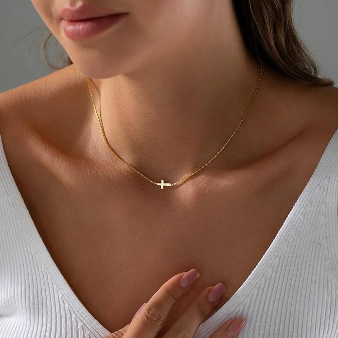 Cross Necklace for Women 14K Gold Silver Plated Dainty Small Cross Pendant Choker Simple Trendy Cute Cross Charm Chain Necklace Easter Basket Stuffers Baptism Religious Faith Jewelry Gift