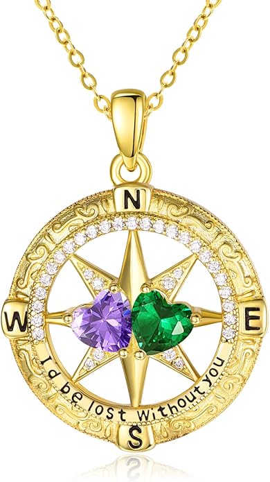 Zeuslia Double Birthstone Necklace Gifts for Wife - 925 Sterling Silver Sunflower/Rose/Crown Cross/Compass/Heart Pendant I Love You Necklace, Anniversary Birthday Gifts for Wife Girlfriend Mom Her