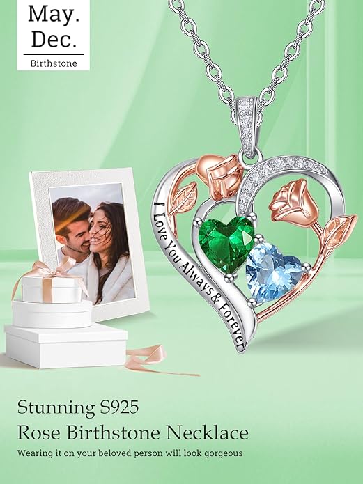 Zeuslia Double Birthstone Necklace Gifts for Wife - 925 Sterling Silver Sunflower/Rose/Crown Cross/Compass/Heart Pendant I Love You Necklace, Anniversary Birthday Gifts for Wife Girlfriend Mom Her
