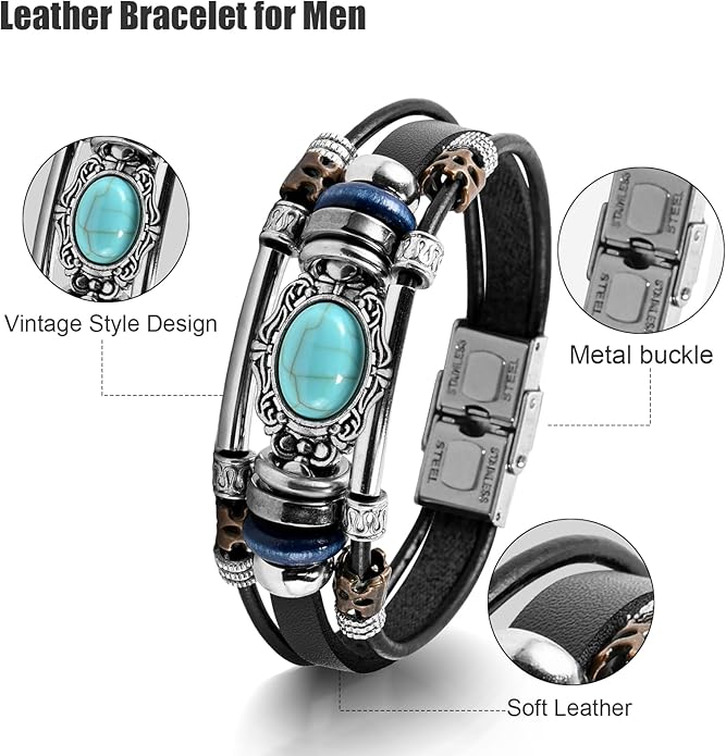 VIBILIA Vintage Leather Wrap Bracelets for Men Women, Multi-Strand Bracelets with Strong Clasp Ethnic Tribal Bracelets