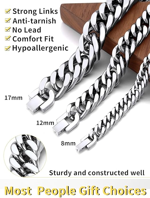 ChainsHouse Stainless Steel Cuban Link Bracelet, 8mm/12mm/17mm Width, 7.5"/8.3"/9", 18K Gold Plated Chain Wrist Bracelets for Men Women, Send Gift Box