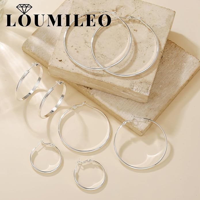 LOUMILEO 2mm Thin 925 Sterling Silver & 14k Gold Plated Hoop Earrings Large Silver Hoop Earrings Hypoallergenic Lightweight Hoops Earrings for Women 30/40/50/65MM