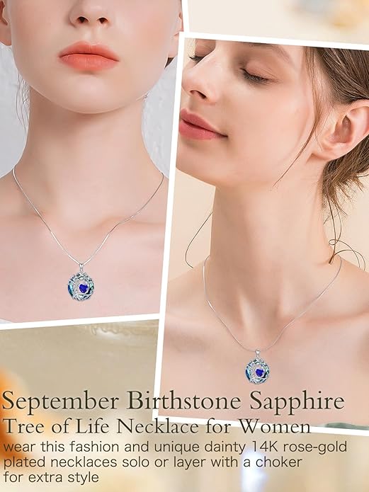 TOUPOP Christmas Gifts Tree of Life Birthstone Necklace 925 Sterling Silver Pendant Austrian Crystal Jewelry Anniversary Birthday Gifts for Women Mom Her Wife