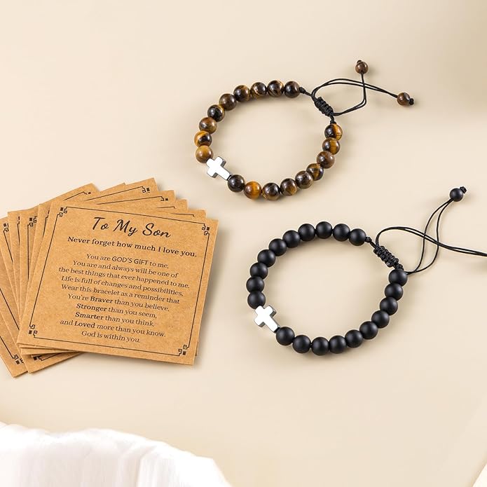 Romass 2Pcs Cross Bracelet for Men,Tiger Eye Beaded Bracelets 8MM Natural Stone Adjustable Jewelry Christian Easter Christmas Gifts Box