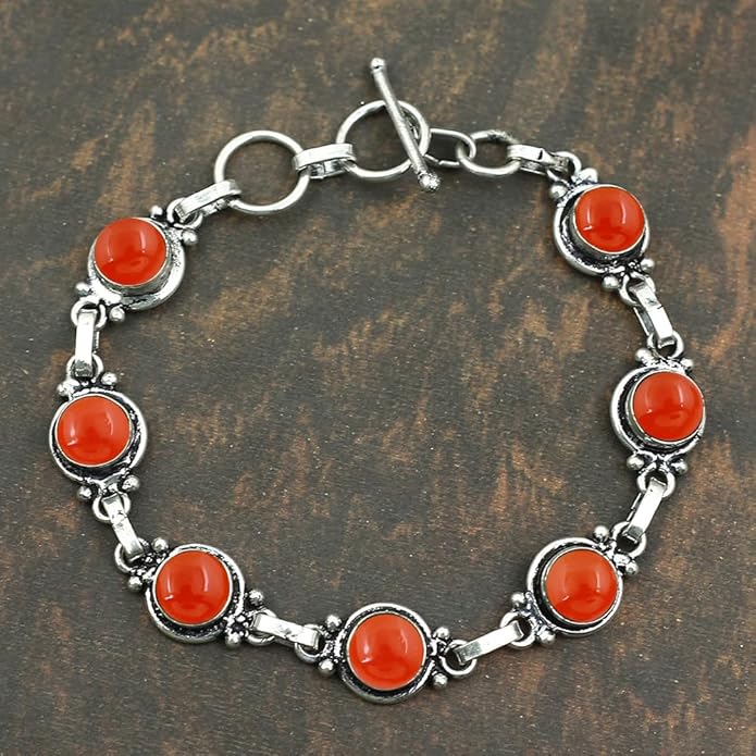 Round Shape Natural & Synthetic Gemstones Silver Plated Bracelets for Women - Vintage Bohemian Style Handmade Birthstone Adjustable Link Bracelet Jewelry Gifts for Wedding Anniversary Mother's Day