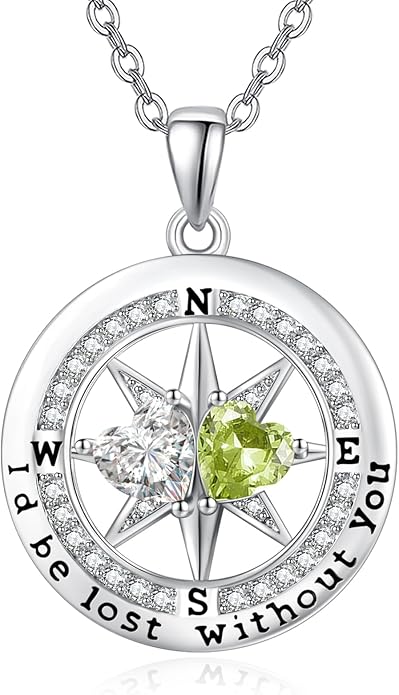 Compass Birthstones Necklace for Women, Exquisite Anniversary Birthday Gifts for Wife Her Double Birthstone Pendant jewelry ‘I'd be Lost Without You’