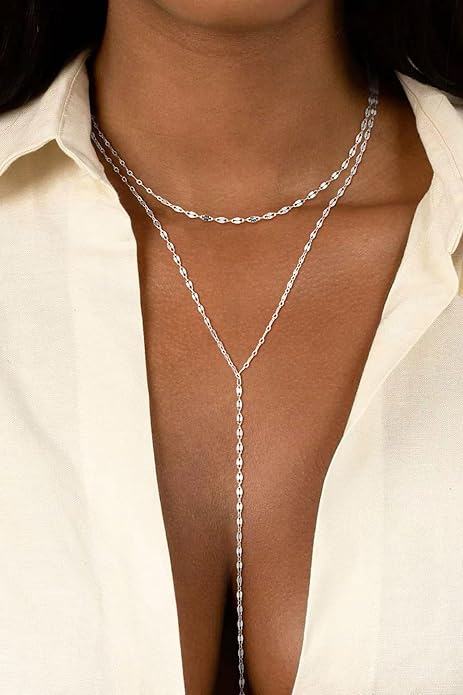 Lariat Necklace for Women, Dainty Long Necklaces, 14k Gold/Silver Plated Y-Shaped Drop Chain Necklace, Simple Layered Necklaces, Trendy Jewelry Gifts for Her