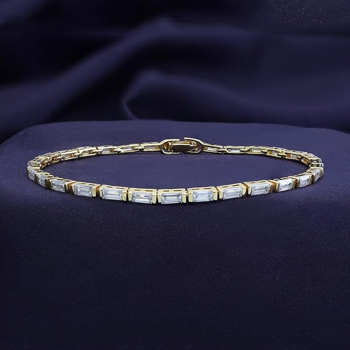 2mm Tennis Bracelet for Women Classic Baguette cut Lab Created Moissanite Stacking Dainty Bracelets in 18K Gold Plated Jewelry Gift for Her