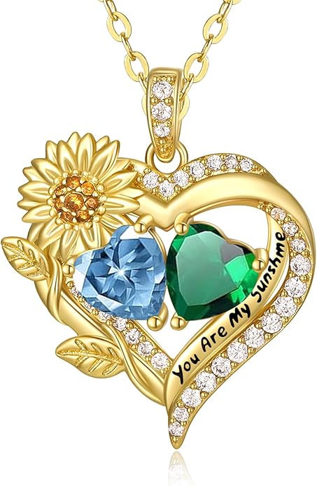 Sunflower Heart Necklace for Women 14K Gold Exquisite Anniversary Birthday Gifts for Wife Mother Her Double Birthstone Pendant jewelry‘You Are My Sunshine’