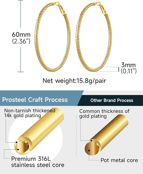 PROSTEEL 30/40/60/80/100mm Chunky Hoop Earrings For Women Gold Plated/Black Stainless Steel Hoops Earrings Statement Jewelry