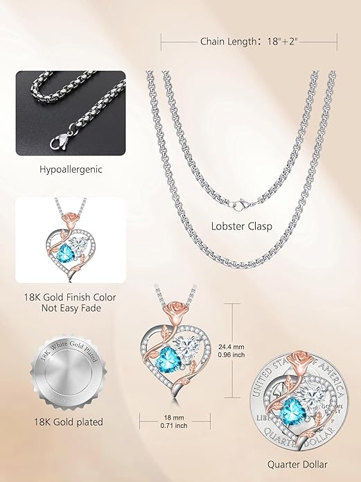 Christmas Gifts for Women Rose Heart Birthstone Pendant Necklace I Love You Forever Jewelry Valentine Mothers Day Birthday Gifts for Women Her Wife Girlfriend