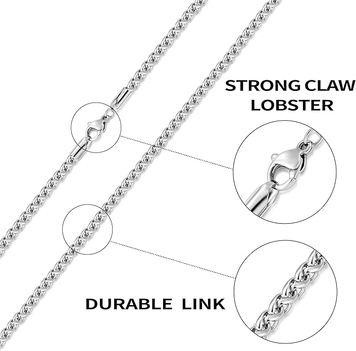 sovesi Wheat Necklace Chain for Men, Silver Plated Stainless Steel Necklace, 2.5/3mm Width Chain for Men and Women, 16-28 Inches Length Gift Jewelry