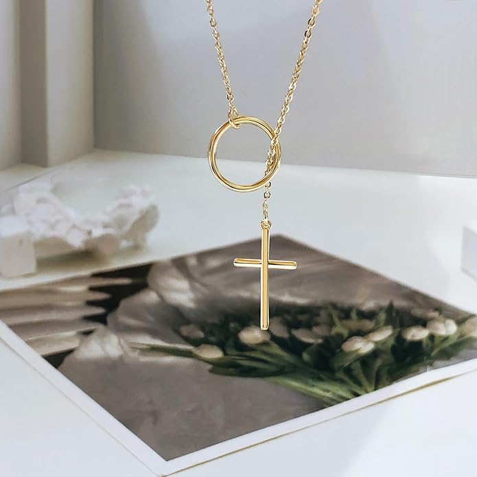 Lariat Gold Necklace for Women, Dainty Long Necklace 14k Gold Plated/Silver Y-Shaped Layered Beaded Chain Drop Necklaces for Women Trendy Simple Gold Jewelry for Women Gifts