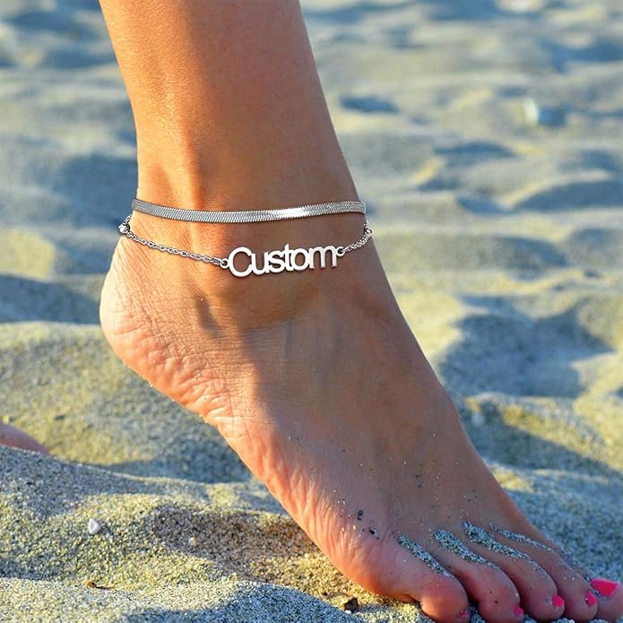 U7 Custom Layered Ankle Bracelets for Women Stainless Steel Bead/Cuban/Figaro/Rope/Wheat Chain Anklet Waterproof Anklet Jewelry for Beach Vacation