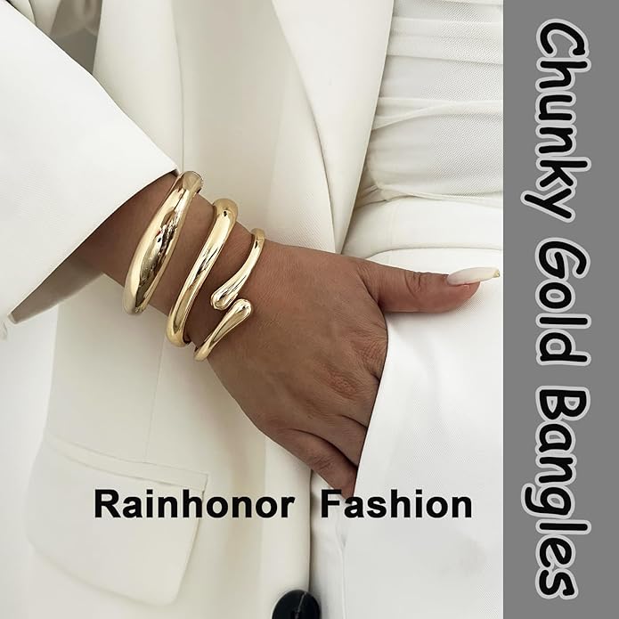 Rainhonor Chunky Gold Bangles Bracelets for Women Gold Cuff Bracelet Set Waterproof Non Tarnish Stack Bracelet for Women Gifts