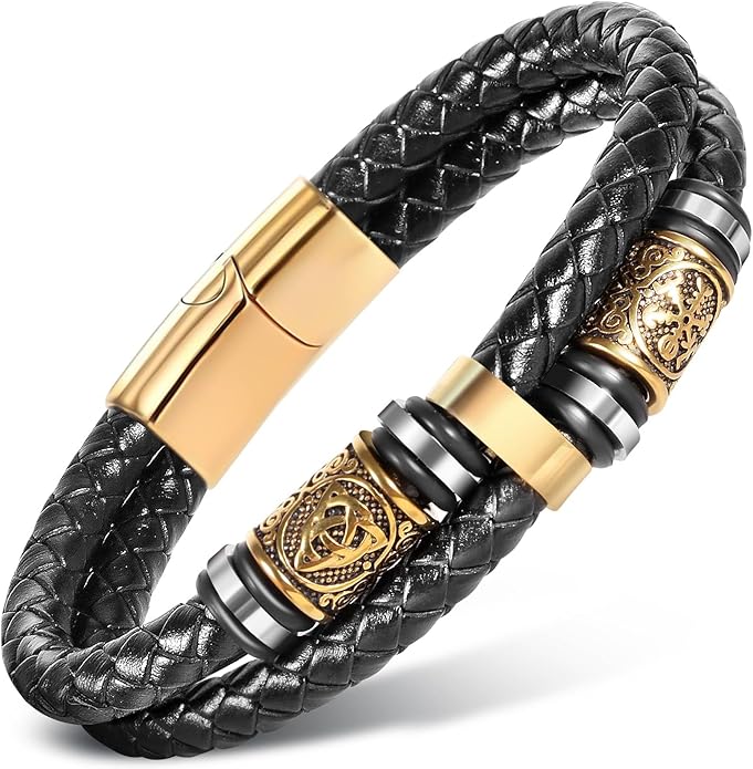 Viking Leather Bracelet For Men Balck Cool Handmade Stackable Jewelry, Faith and Courage Bangle Bracelets