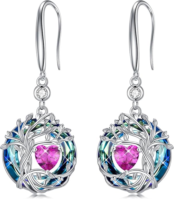 TOUPOP Tree of Life Birthstone Earrings for Women 925 Sterling Silver Family Tree Dangle Earrings Austrian Crystal Jewelry Birthday Christmas Gifts for Her Girlfriend Wife Mom