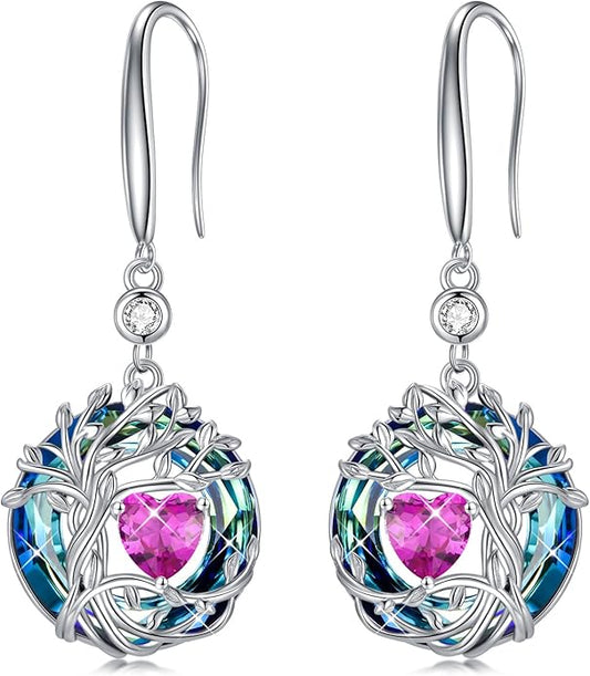 TOUPOP Tree of Life Birthstone Earrings for Women 925 Sterling Silver Family Tree Dangle Earrings Austrian Crystal Jewelry Birthday Christmas Gifts for Her Girlfriend Wife Mom