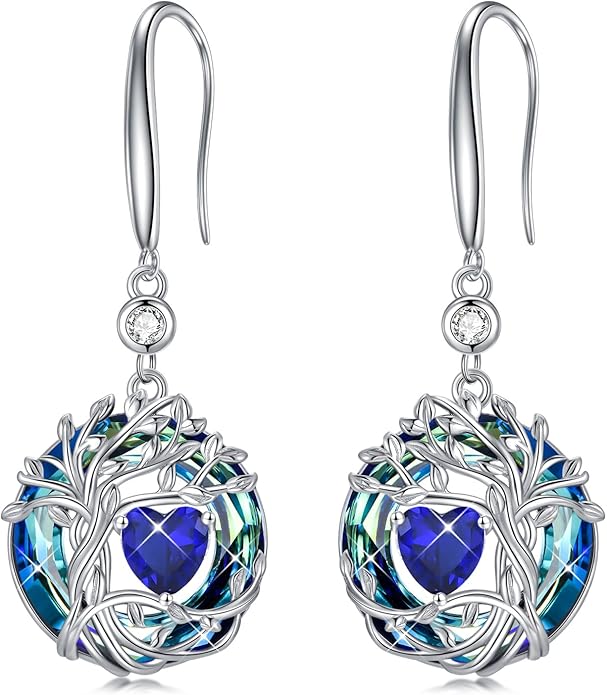 TOUPOP Tree of Life Birthstone Earrings for Women 925 Sterling Silver Family Tree Dangle Earrings Austrian Crystal Jewelry Birthday Christmas Gifts for Her Girlfriend Wife Mom