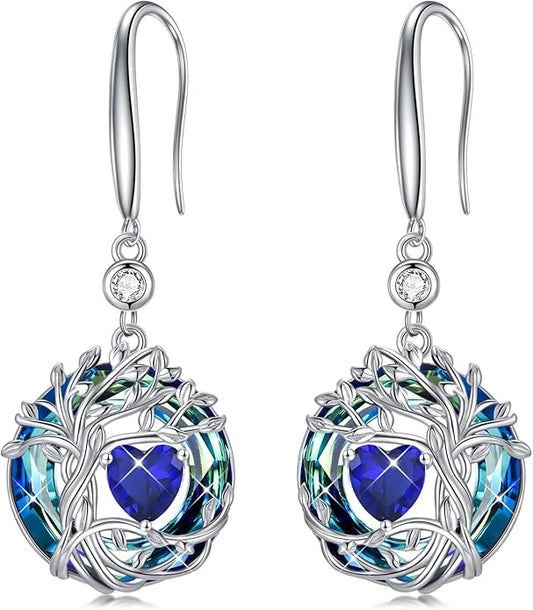 TOUPOP Tree of Life Birthstone Earrings for Women 925 Sterling Silver Family Tree Dangle Earrings Austrian Crystal Jewelry Birthday Christmas Gifts for Her Girlfriend Wife Mom