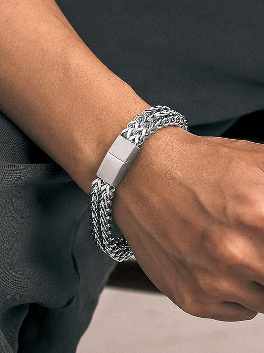 Richsteel Bracelets for Men 6mm/10mm/12mm Width Stainless Steel With Sturdy Clasp Franco Curb Chain Mens Bracelet 7.4/8.2/9 Inches Length