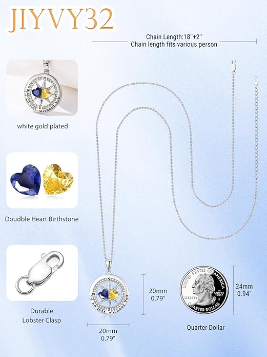 Compass Birthstones Necklace for Women, Exquisite Anniversary Birthday Gifts for Wife Her Double Birthstone Pendant jewelry ‘I'd be Lost Without You’