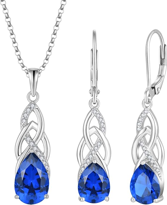 JO WISDOM Celtic Knot Infinity Jewelry Set for Women 925 Sterling Silver Sapphire Dangle Drop Leverback Earrings September Birthstone Necklace Pendant Gemstone Jewelry
