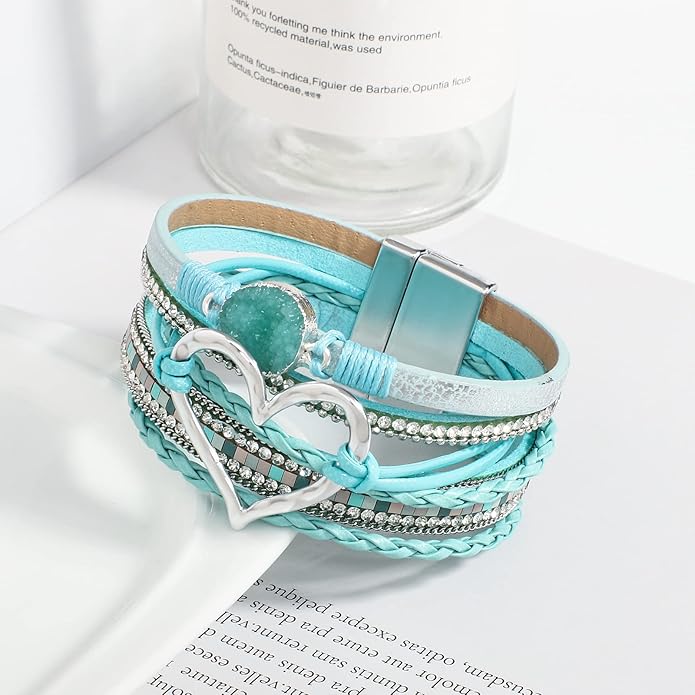 Leather Wrap Bracelet for Women Beaded Cuff Bracelet with Heart-shape Decor Bohemian Crystal Bracelet Jewelry with Clasp Bangle Bracelet for Women Girls Birthday Holiday Gift