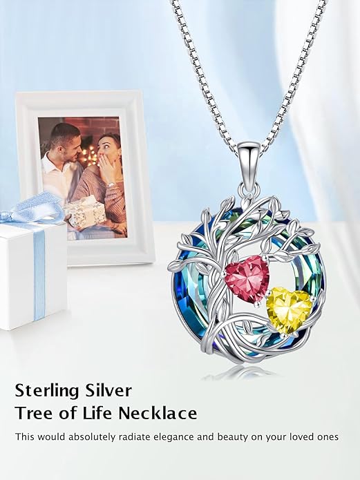TOUPOP s925 Sterling Silver Family Celtic Tree of Life Pendant Necklaces with 2 Heart Birthstone with Blue Austrian Crystal Jewelry Birthday Anniversary Christmas Gifts for Her Wife Girlfriend Mom (18K Real White Gold Filled)